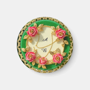 Imán Plato con borde verde decorativo con rosa rosa
