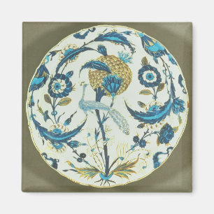 Imán Plato de Iznik pintado con un pavo real encaramado