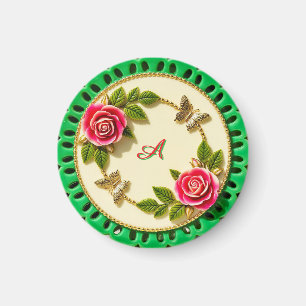 Imán Plato Verde Decorativo con Rosa Rosada