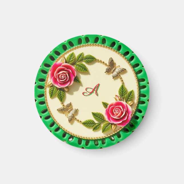 Imán Plato Verde Decorativo con Rosa Rosada (Frente)
