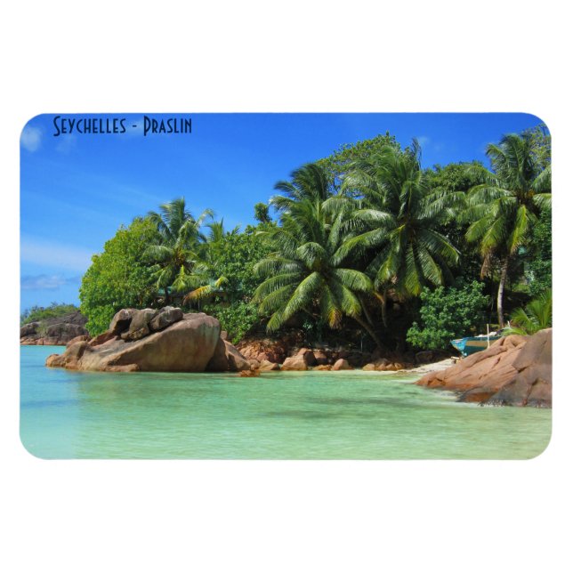 Imán Playa de arena de las Seychelles con palmeras en l (Horizontal)