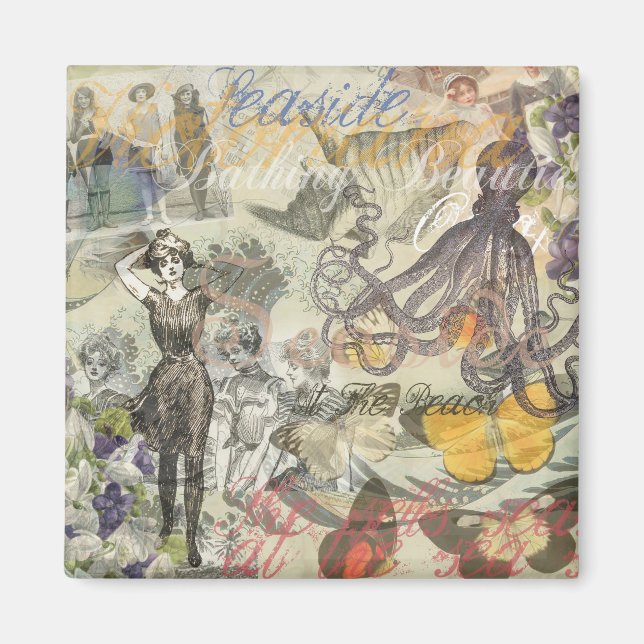 Imán Playa de Pulpo Antiguo Steampunk Costero (Frente)