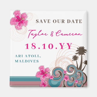 Imán Playa Rosada Hibiscus Tropical Waves Save The Date