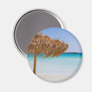 Imán Playa Tropical Escénica con Sombrilla de Paja
