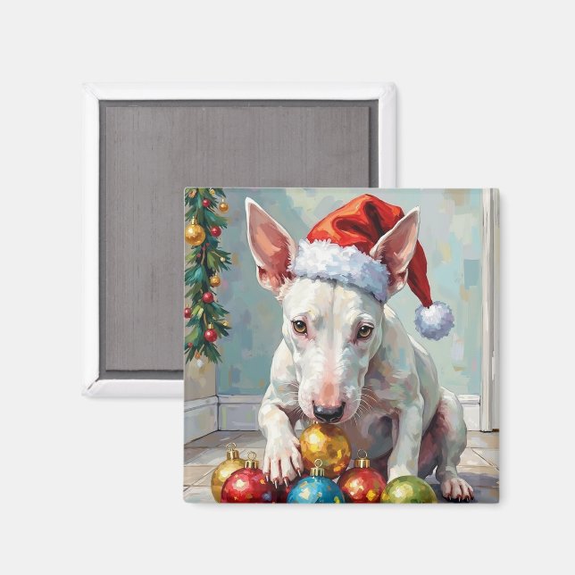 Imán Playful Bull Terrier Dog Guarding Christmas (Anverso/Reverso)