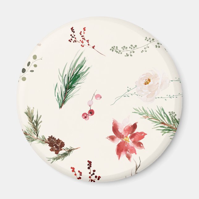 Imán Poinsettia De Invierno Boho Pino Verdor Acuarela (Frente)