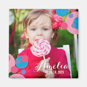 Imán Polka azul y rosa burbujeante, foto de cumpleaños
