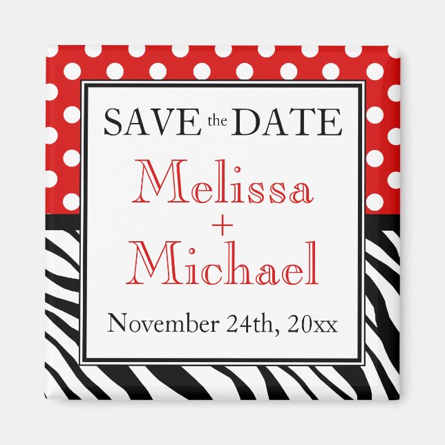 Imán Polka Dot Red Zebra Print Save the Date Magnet (Frente)