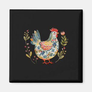 Imán Pollo Boho Flor Arte Folclórico Floral Granjero Po