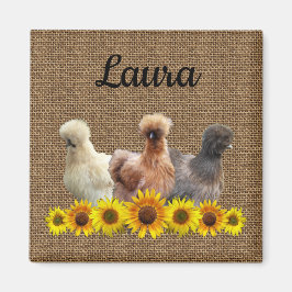 Imán Pollo Tu Nombre Silkie Sunflowers Burlap