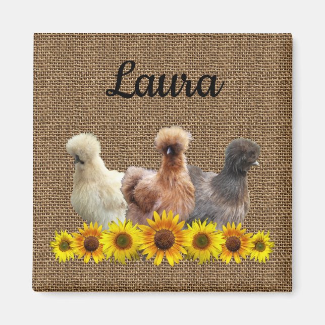 Imán Pollo Tu Nombre Silkie Sunflowers Burlap (Frente)