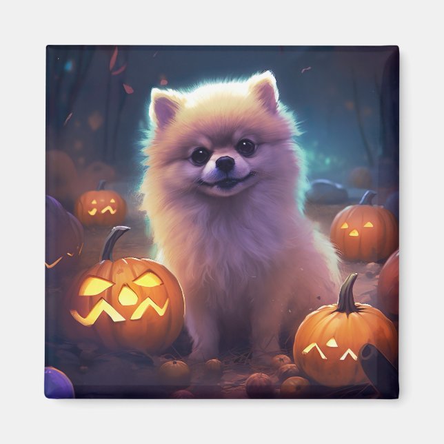 Imán Pomerania de Halloween con calabazas aterradoras (Frente)