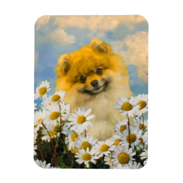 Imán Pomerania en pintura de Daisies - Arte de perro or (Vertical)