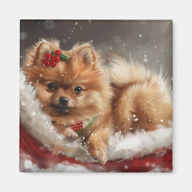 Imán Pomerania Fiesta Navideña Canina (Frente)