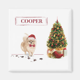 Imán Pomerania Perro Divertido de Navidad con Árbol