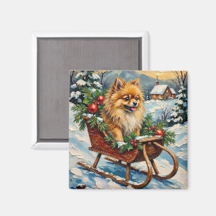 Imán Pomerania vintage en trineo de Navidad de madera