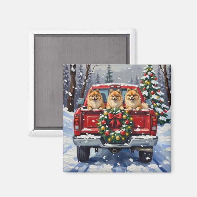 Imán Pomeranian Christmas Red Truck Holiday Gift (Anverso/Reverso)