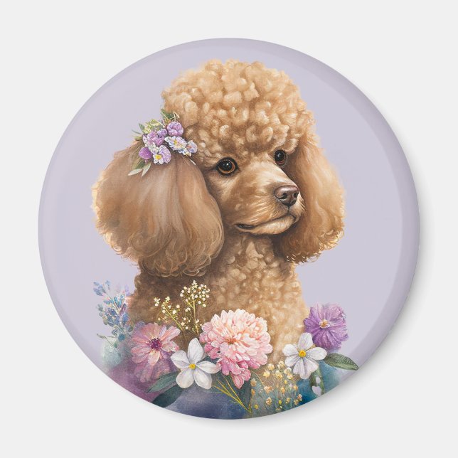 Imán Poodle Dog Floral Purple Girly Cuidada Acuarela (Frente)