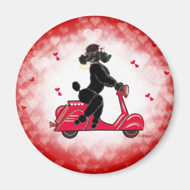 Imán Poodle negro en un corazón rojo (Frente)