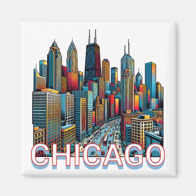 Imán Pop art Comic Book Art Chicago Illinois Skyline (Frente)