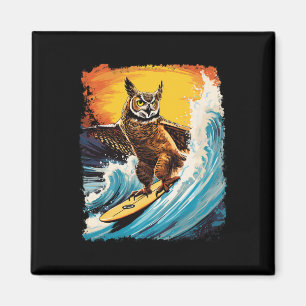 Imán Pop Art Zoo Vintage Pájaro Búho Con Cuerno Surfing