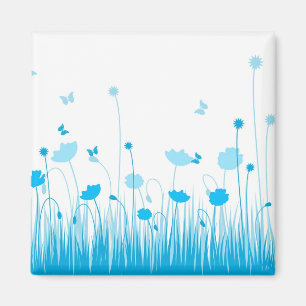 Imán Poppies minimalistas azul y blanco pradera floral