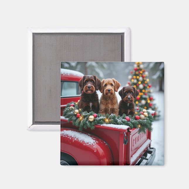 Imán Portuguese Water Dog Christmas Red Truck Holiday (Anverso/Reverso)