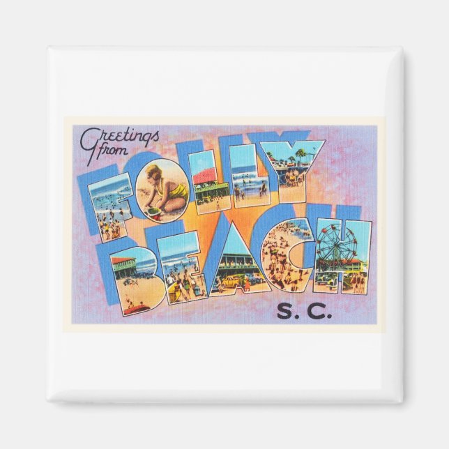 Imán Postal vieja vieja vieja de la playa de Folly Beac (Frente)