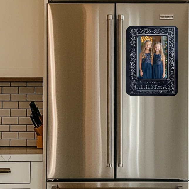 Imán Postales de vacaciones de la marina y la plata (Navy and Silver Holiday Photo Magnet )