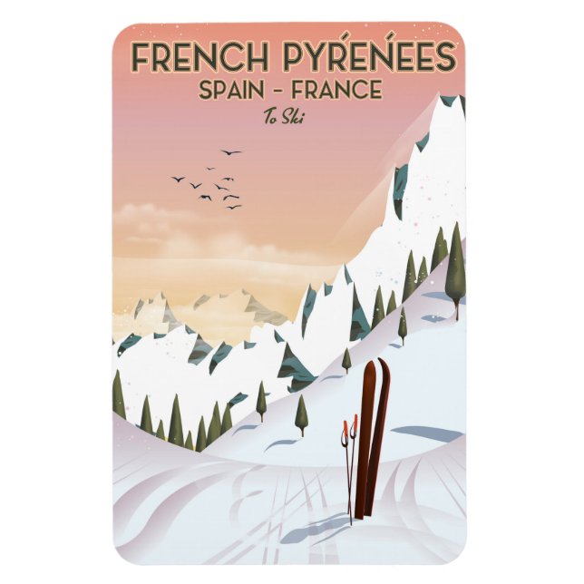 Imán Poster de esquí de los Pirineos franceses (Vertical)