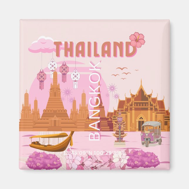 Imán Póster de viaje boho retro de Bangkok Tailandia (Frente)