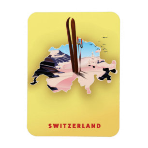 Imán Póster de viaje de esquí del mapa de Suiza.