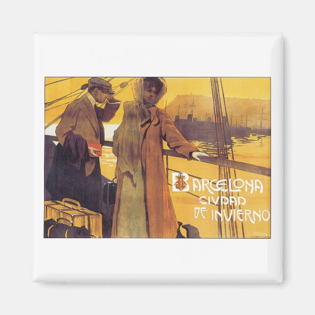 Imán Poster de Viajes de Barcelona Vintage (Frente)