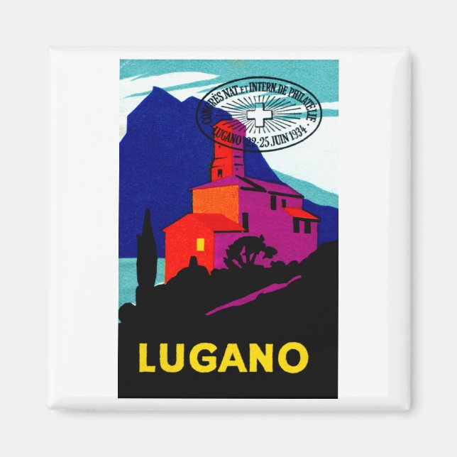 Imán poster Filatélico de Lugano en 1934 (Frente)