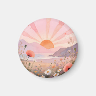Imán Pradera de flores silvestres puesta de sol pastel