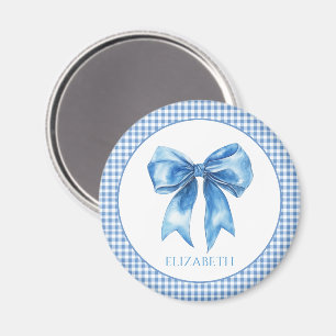 Imán Preppy Blue y White Gingham y Bow