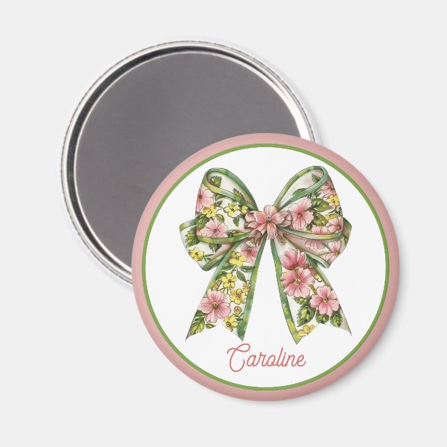 Imán Preppy Pink and Green Floral Bow Personalized (Anverso/Reverso)