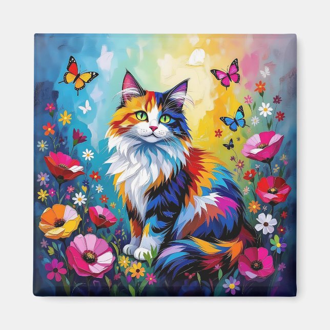 Imán Pretty Colorful Impasto Cat and Flowers (Frente)
