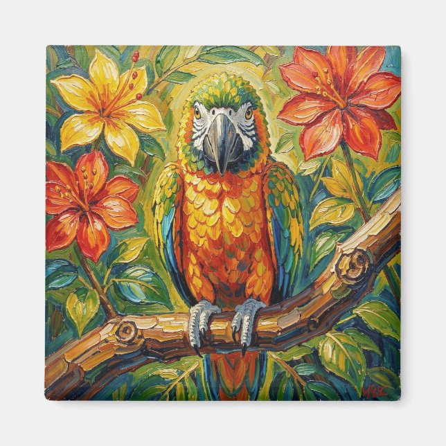 Imán Pretty Colorful Impasto Parrot and Tropical Flower (Frente)