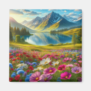 Imán Primavera colorida/lago floral de montaña