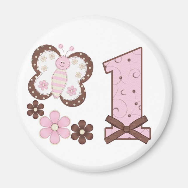 Imán Primer cumpleaños de mariposa rosa (Frente)