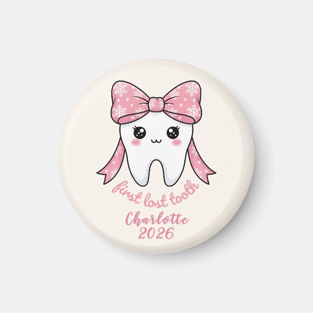 Imán Primer Diente de Bebé Lazo Rosa Kawaii (Frente)