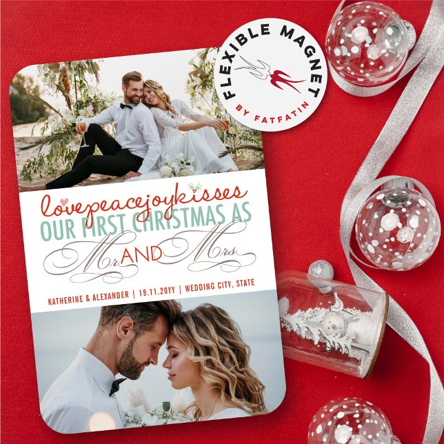 Imán Primer navidad Sr. y señora Holiday Photo Magnet (Love Peace Joy Kisses Our First Christmas As Mr And Mrs 3 Photo Holiday Wedding Flexible Magnet)