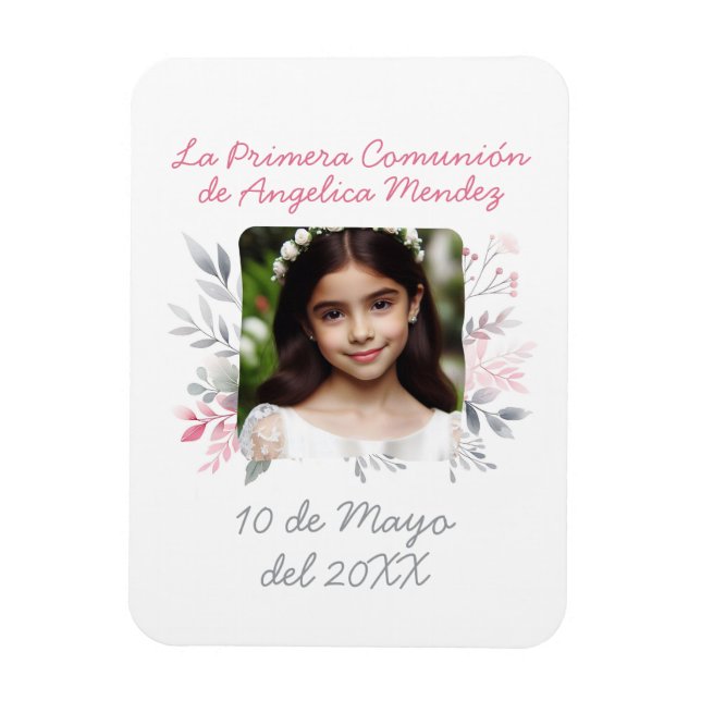 Imán Primera Comunión con Foto y Flores Español (Vertical)
