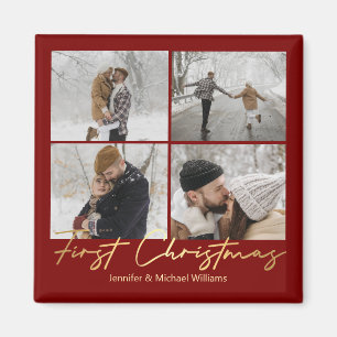 Imán primera navidad, 4 fotos boda rojo oro de collage