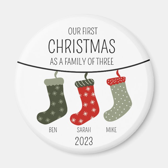 Imán Primera Navidad como familia de tres (Frente)