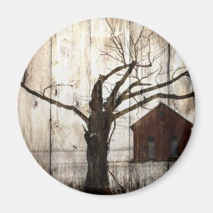 Imán Primitive Country Woodgrain Winter Tree Red Barn