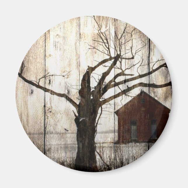 Imán Primitive Country Woodgrain Winter Tree Red Barn (Frente)