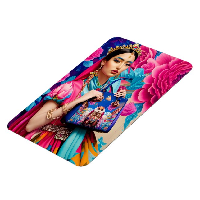 Imán princesa de moda floral con bolso (Lado Izquierdo)