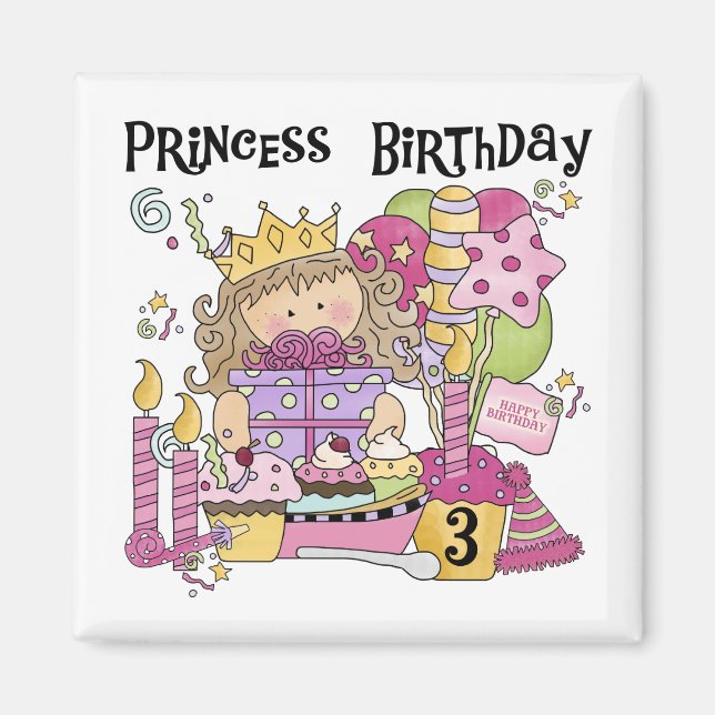 Imán Princesa fiesta 3 camisetas de cumpleaños y regalo (Frente)